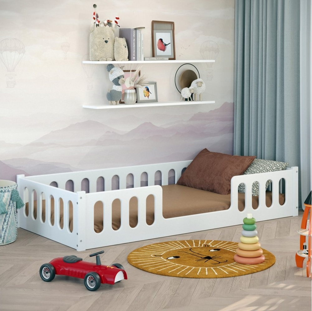 CADANI Monte 2in1 Bodenbett 90x200 cm Montessori Kinderbett Rausfallschutz abnehmbar - weiß, 37 kg schwer, bis 200 kg belastbar, extra starker Roll-Lattenrost, umbaubar Bild 1
