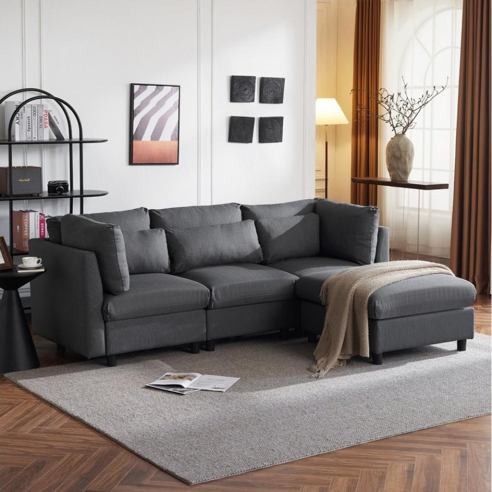 PHOEBE CAT Ecksofa, Polstersofa Wohnzimmersofa 3-Sitzer-Sofa Schlafsofa, L-Form, inklusive Kissen und Fußhocker, beidseitig montierbar, Leinen Bild 1