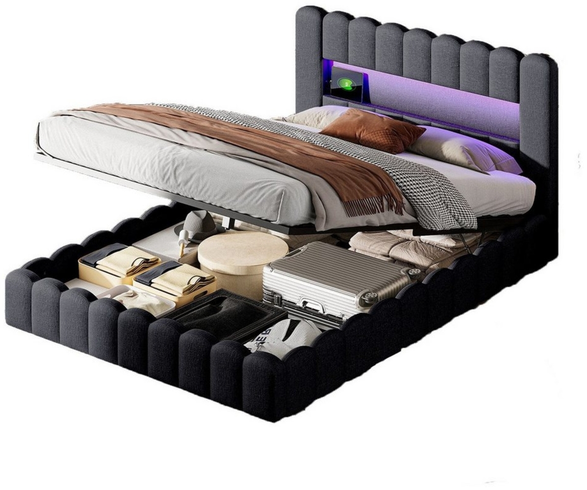 FUROKOY Polsterbett Polsterbett Doppelbett Stauraumbett (160x200cm mit LED-Beleuchtung Lattenrost), Funktionsbett mit USB-Laden und Typ-C,Leinen Bild 1