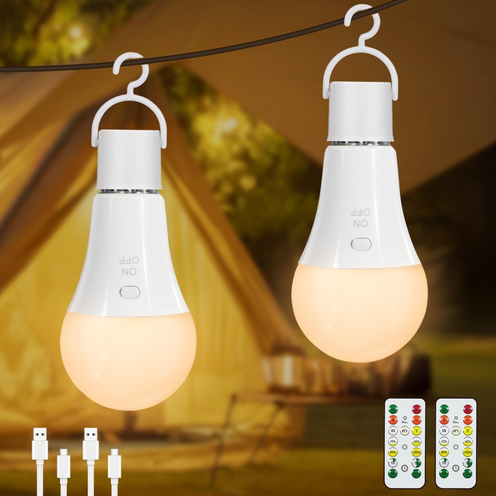 Dehobo Glühbirne Mit Batterie E27 Aufladbare Glühbirne Mit Fernbedienung - 7W Type-C Ladung Camping Lampe 3 Farben Dimmbare - Akku Lampe Mit Timing Funktion Mit Taste, Outdoor Lampe 2 Pack Bild 1