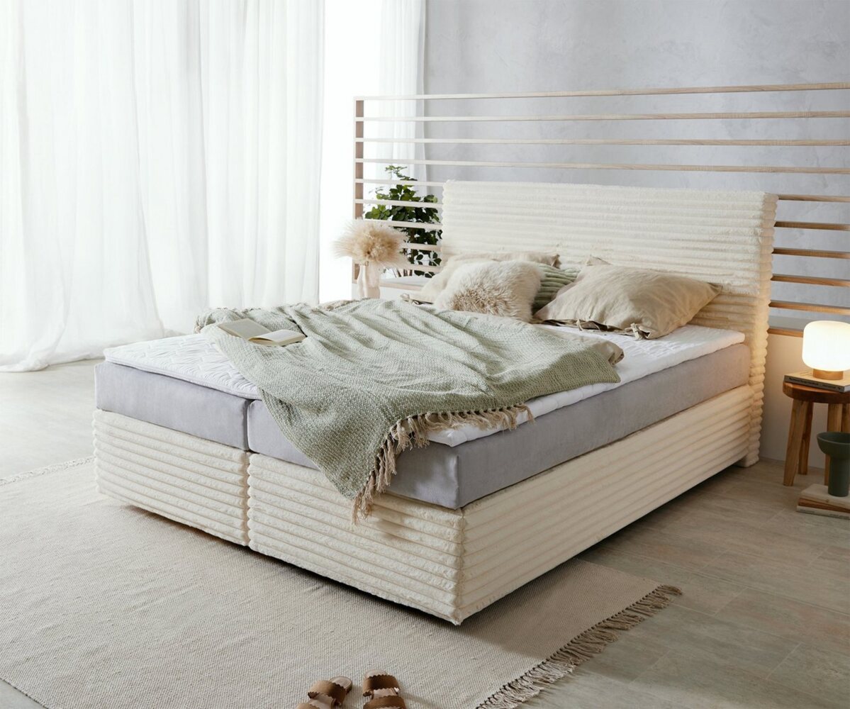 DELIFE Boxspringbett Dream-Well, Plüsch-Cord Beige 160x200 cm TFK-Matratze Visco-Topper Bild 1