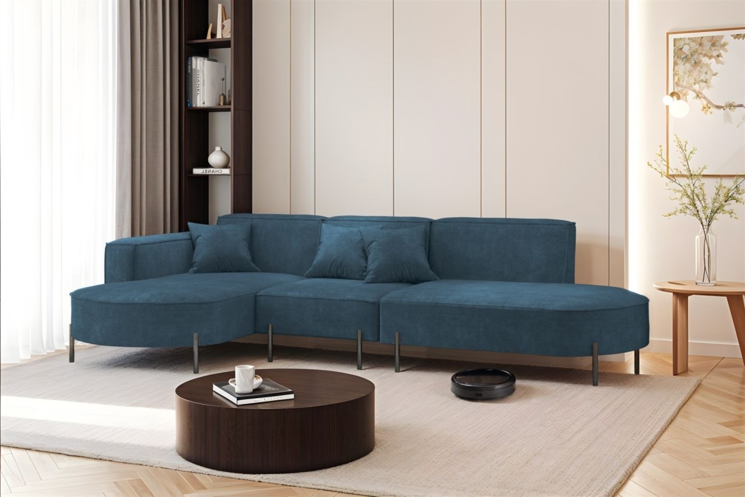 Ecksofa Designersofa VALENCIA in Stoff Noel Blau Ottomane Links Bild 1