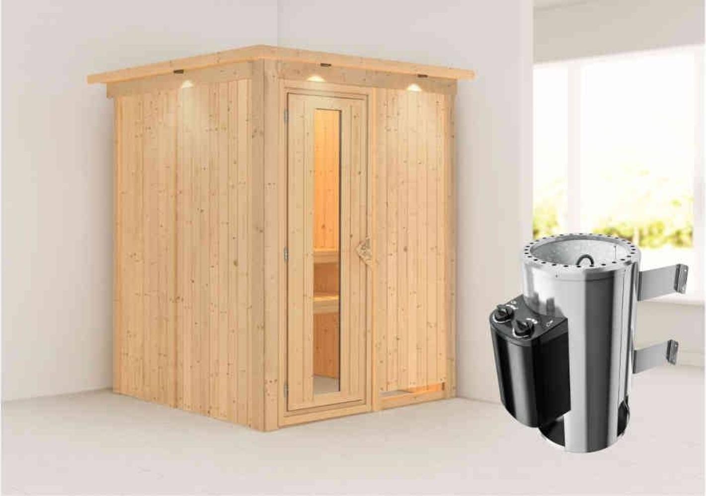 Karibu Sauna Minja mit Dachkranz + 3,6kW Saunaofen mit integr. Steuerung Klarglas Ganzglastür Bild 1