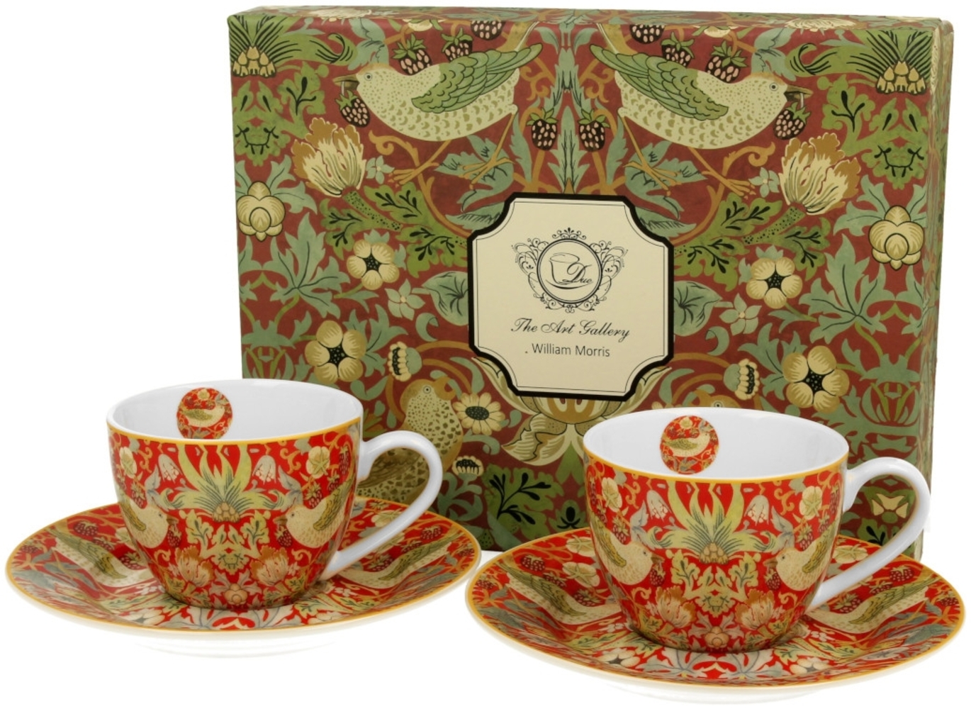 DUO ART GALLERY 2er-Set Espressotassen 90 ml STRAWBERRY THIEF RED mit Untertassen, New Bone China Porzellan Bild 1