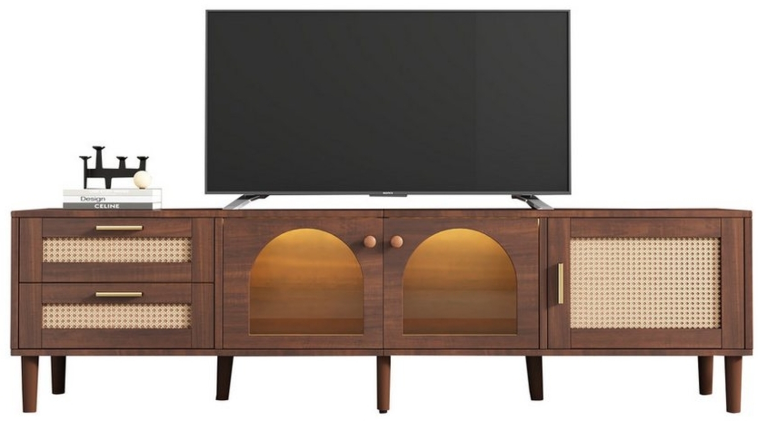 OKWISH TV-Schrank Lowboard,Fernsehtisch,TV-Board,TV-Ständer (für 80-Zoll-Fernseher, 1-St, mit LED-Beleuchtung) 2 Rattan-Schubladen, 2 gewölbten Glastüren, 1 Rattan-Tür Bild 1