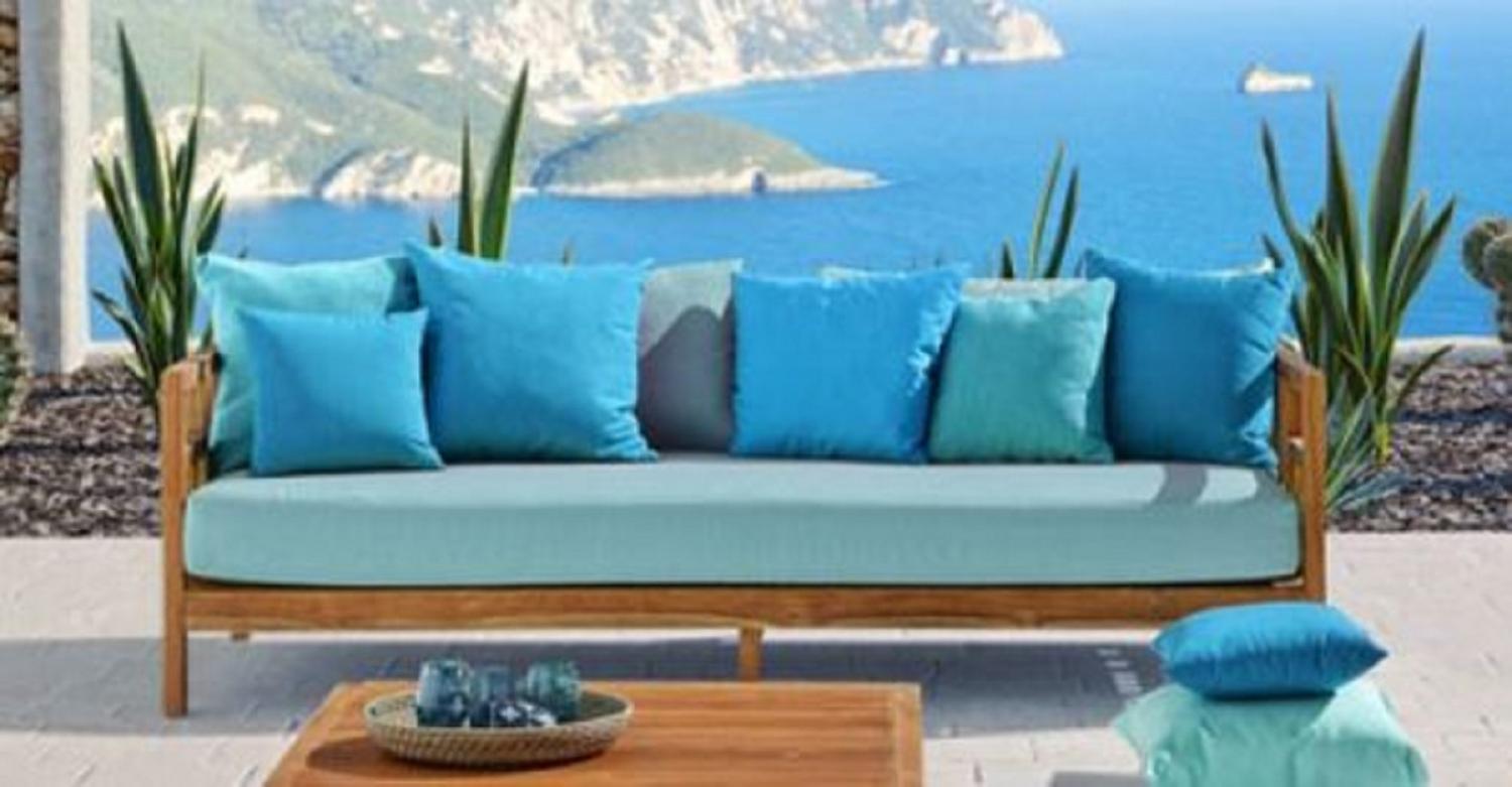 Casa Padrino Luxus Massivholz Gartensofa Braun / Hellblau 220 x 94 x H. 65 cm - Wetterbeständiges Teakholz Sofa mit Kissen - Garten & Terrassen Möbel - Luxus Qualität Bild 1