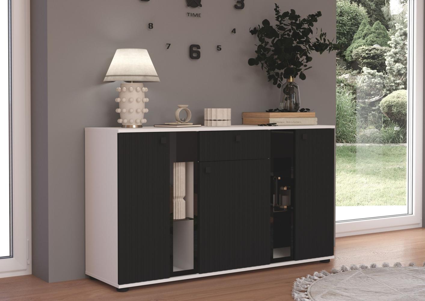 Kommode Salsa 2 Lamellenoptik Anbauwand Wohnwand Sideboard MDF Schwarz + Weiss Bild 1