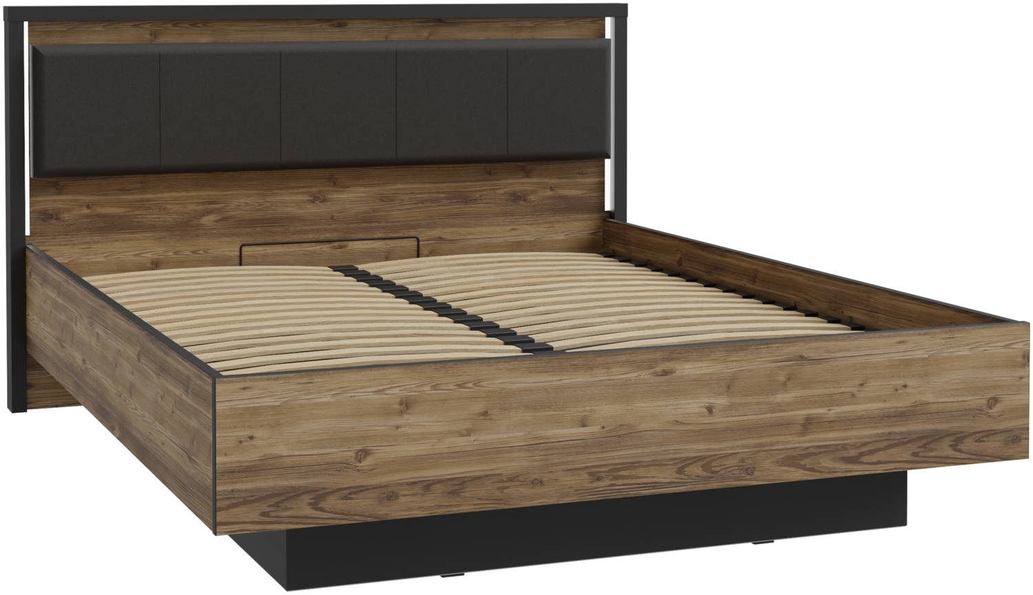 Stauraumbett >HAYATO< mit Rost, LED, Alpenfichte Dekor/schwarz - 172,6x104,3x207,3cm (BxHxT) Bild 1