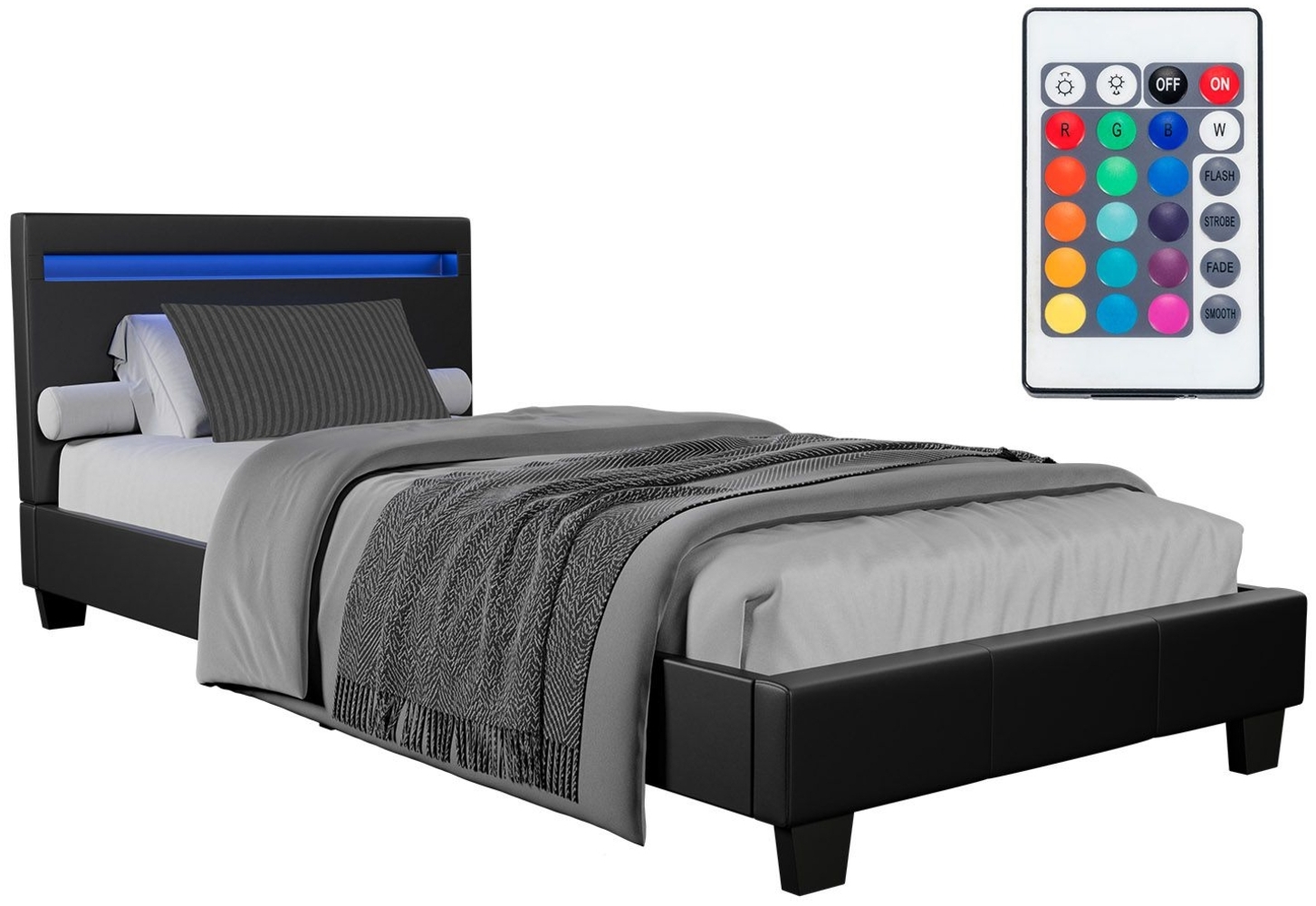 Juskys 'Verona' Polsterbett mit LED-Beleuchtung, Kunstleder, Schwarz, 90x200 cm, ohne Matratze Bild 1