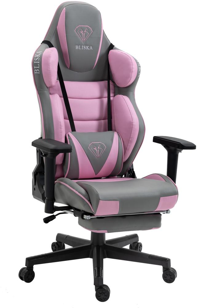 Gaming Stuhl mit Fußstütze und ergonomsichen 4D-Armlehnen gaming chair in ergonomischer Sportsitz Optik Gamer Stuhl mit verstellbaren Rückenstützkissen Bürostuhl Hellgrau / Rosa Bild 1