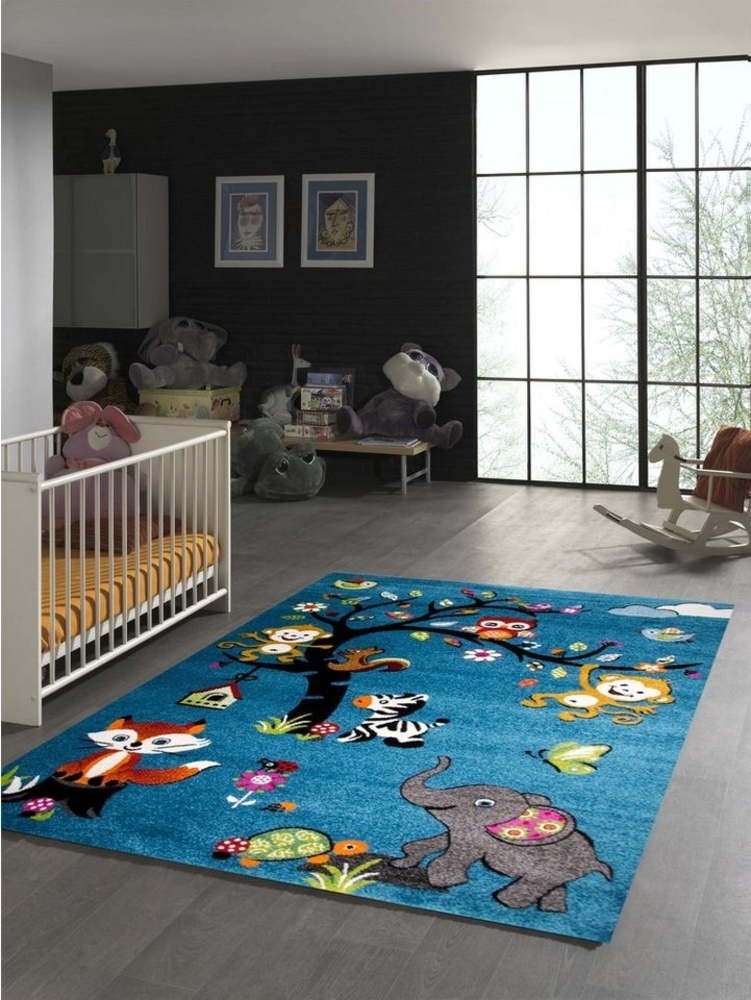 TeppichHome24 Kinderteppich Kinderzimmer Teppich Zootiere in blau, rechteckig, Höhe: 11 mm Bild 1