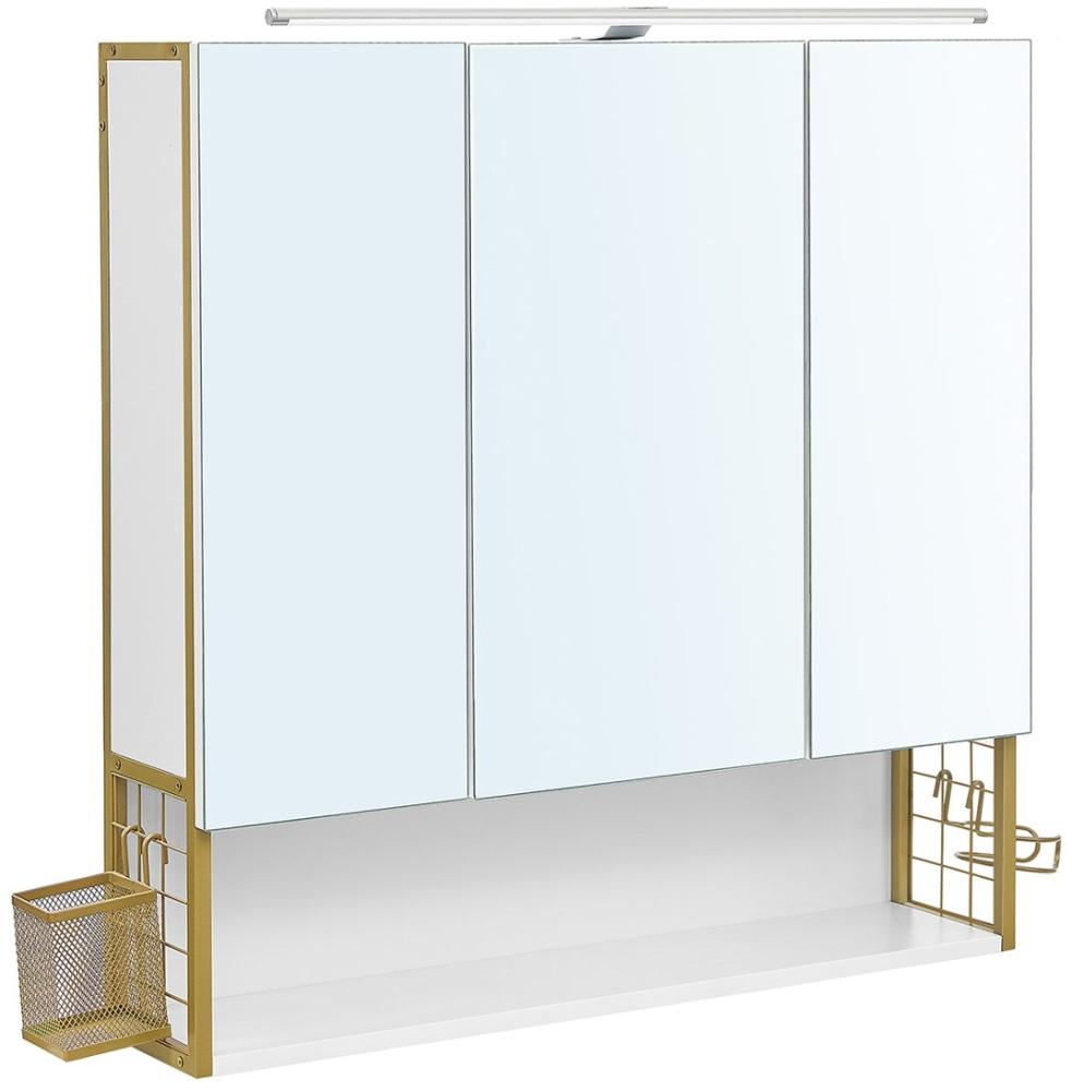 Vasagle Spiegelschrank Bad mit Beleuchtung, Badezimmerschrank, Spiegelschrank, Badschrank, Wandschrank fürs Bad, höhenverstellbare Regalebene, Doppeltür, modern, weiß-gold Bild 1