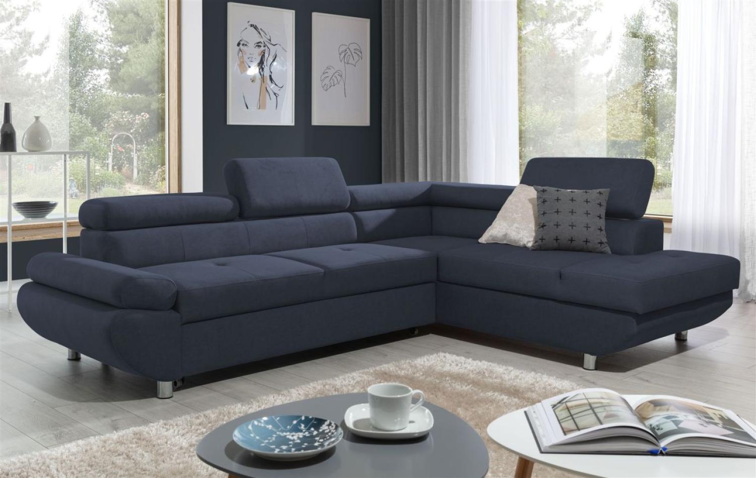 Ecksofa Sofa PANOS Stoff Esito Dunkelblau mit Schlaffunktion Ottomane Rechts Bild 1