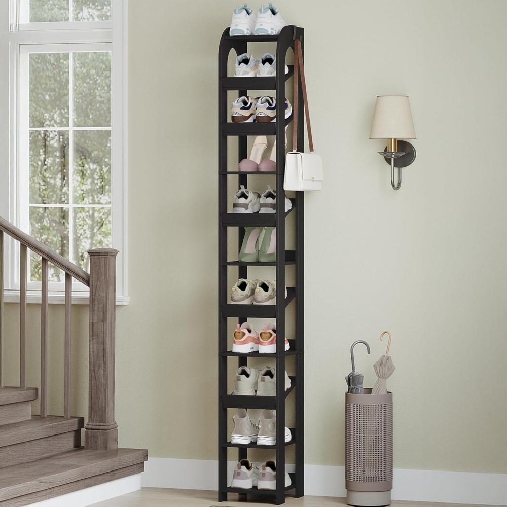 Vertikales Schuhregal, 11 Ebenen Schmale Schuhregale, Holz-Schuh-Organizer für Schrank, Eingang, Schuhturm für Kleine Räume, Freistehend, Verstellbar, mit Haken, Schwarz Bild 1