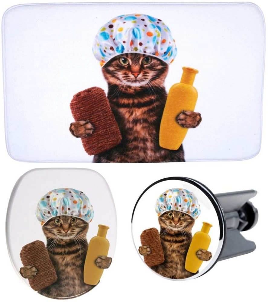 Sanilo Badaccessoire-Set Shower Cat, 3 tlg, bestehend aus WC-Sitz, Badteppich und Waschbeckenstöpsel Bild 1