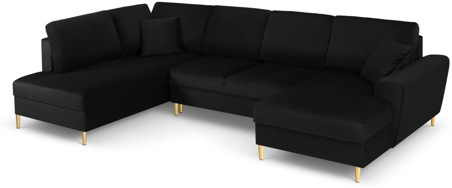 Micadoni 7-Sitzer Samtstoff Panorama Sofa Links mit Box und Schlaffunktion Moghan | Bezug Black | Beinfarbe Gold Metal Bild 1