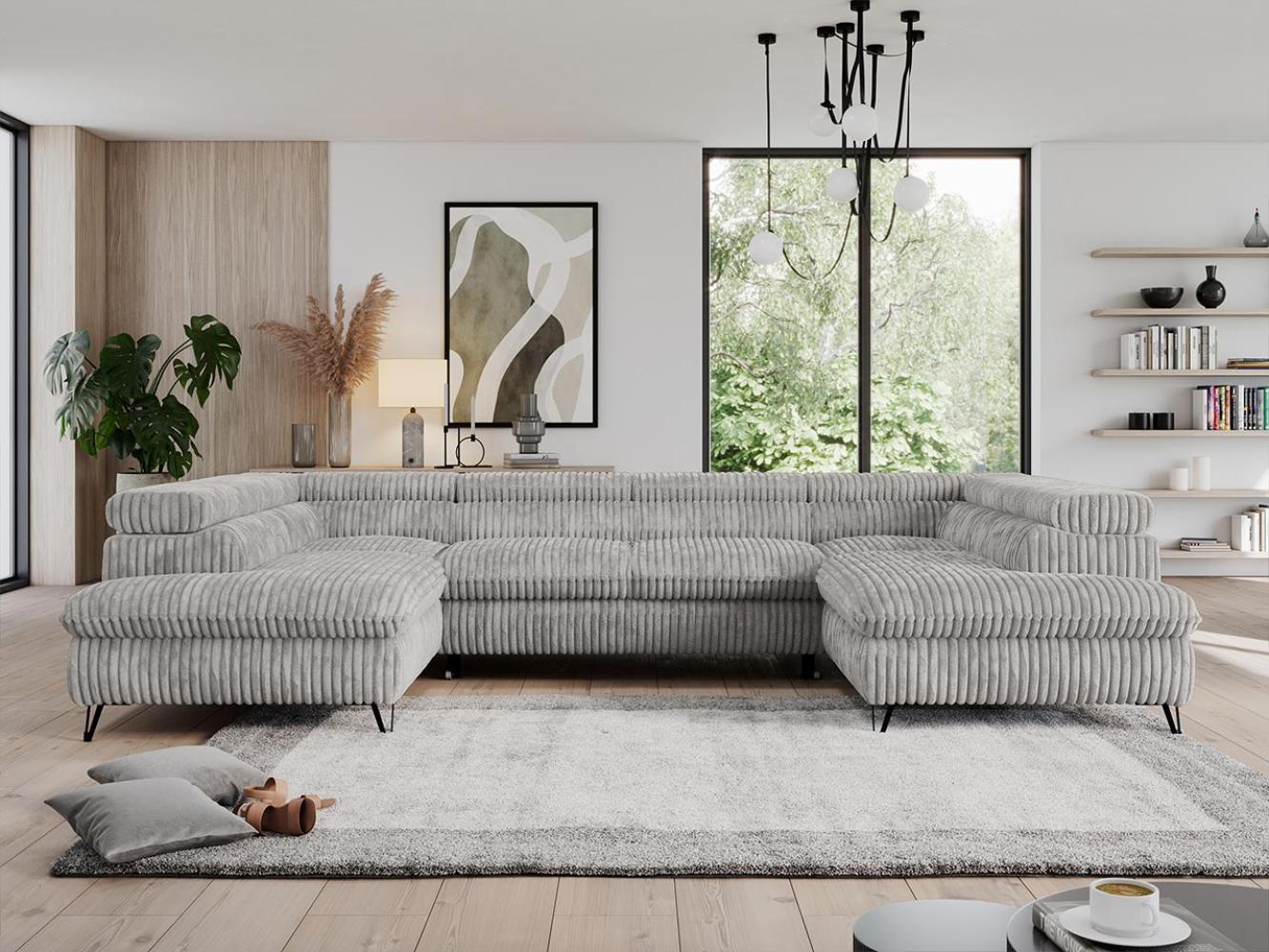 Ecksofa U-Form, mit Bettkasten, Bettfunktion und Einstellbare Kopfstützen, Sofa big XXL - PETER U - Grau Cord - Topper T25 Bild 1