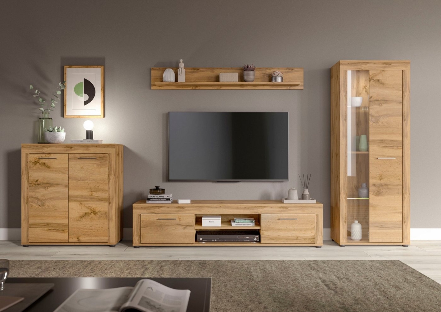 INOSIGN Wohnzimmer-Set Aosta, Breite 330cm, best. aus Highboard, Lowboard, Wandboard, Vitrine, (4-St), Wohnwand, Kombination, Anbauwand, Möbel Set, Schrankwand, Möbel Kombi Bild 1