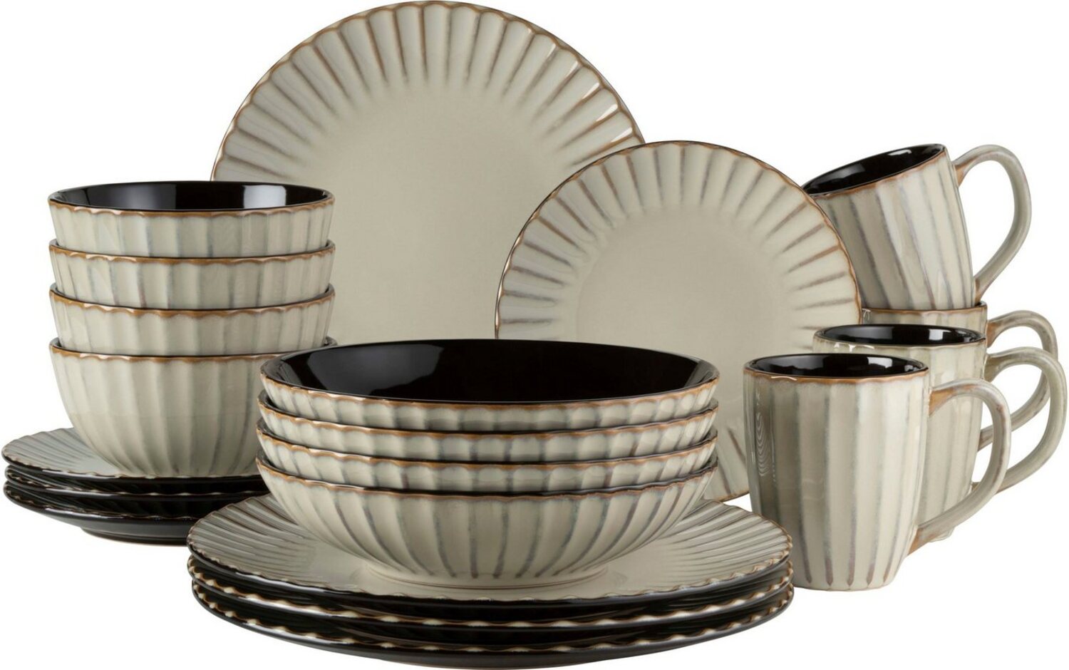 Geschirr Set fr 4 Personen im modernen Vintage Look, 20-teiliges Kombiservice aus Keramik in Beige mit schwarzen Akzenten Bild 1