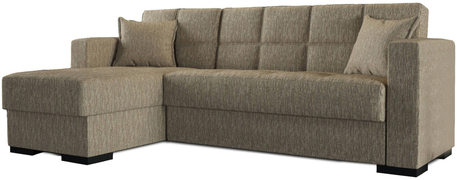 Dmora Schlafsofa mit Halbinsel Armadillo, Wende-Ecksofa, Wohnzimmersofa mit Chaiselongue und 2 Kissen, 230 x 150 x 81 cm, Beige Bild 1