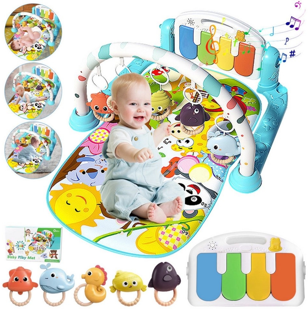 Krabbeldecke Spielmatte mit Spielbogen Baby Lernmatte Spieldecke Erlebnisdecke, ZEUOPQ, mit lustigen Tiermotiven und 5 hängende Cartoon-Spielzeuge. Bild 1