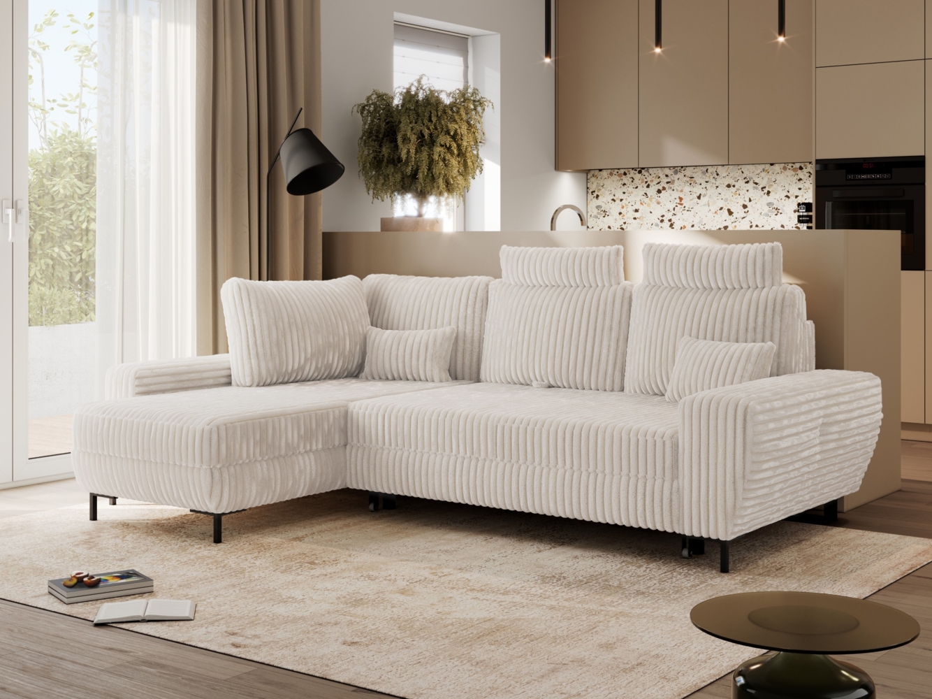 Ecksofa mit Schlaffunktion und Bettkasten für das Wohnzimmer, auf schwarzen Metallbeinen, mit losen Kissen - FLAVIA - Beige Cord - linke Seite Bild 1