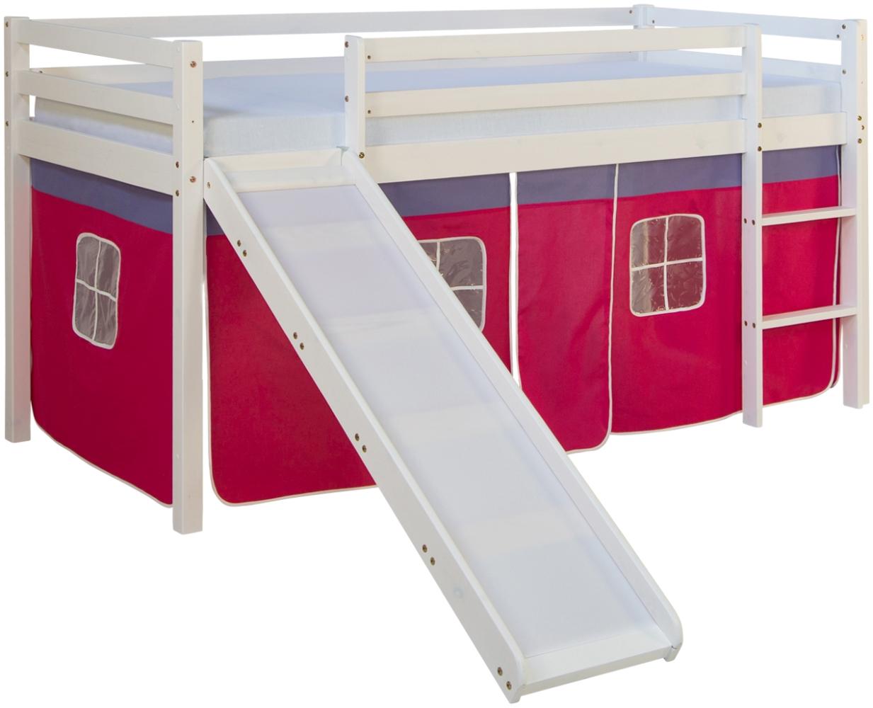 Hochbett Spielbett Kinderbett Rutsche Kiefer Vorhang rot 90x200 Jugendbett Bild 1