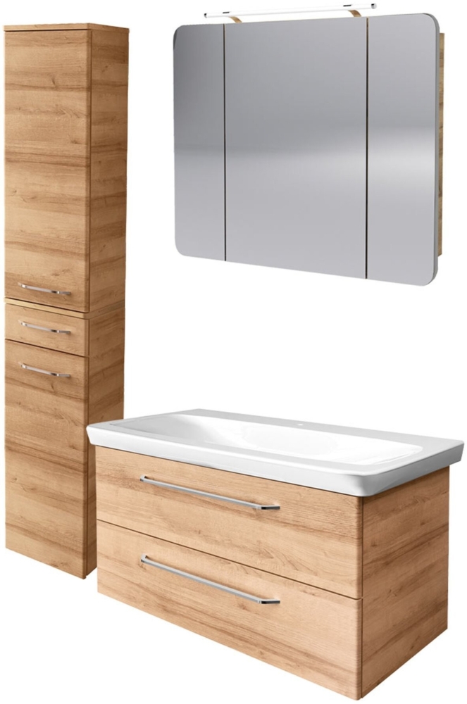 FACKELMANN MILANO Badmöbel Set 4-teilig, 107 cm breit, Braun hell, Waschbecken Keramik, Spiegelschrank + Hochschrank Bild 1