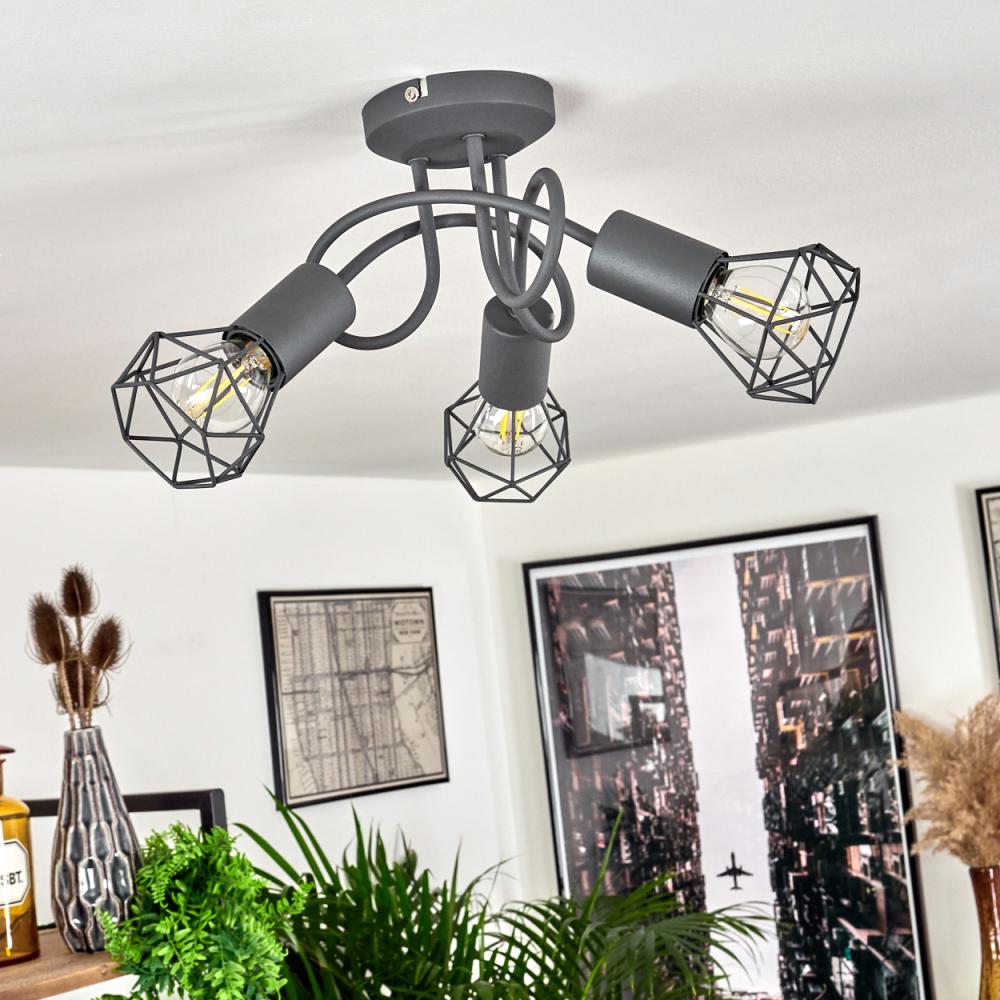 hofstein Deckenleuchte »Borio« runde Deckenlampe im Industrial Design aus Metall in Grau, ohne Leuchtmittel, moderne Leuchte mit Schirmen in Gitter-Optik u. Lichteffekt, 3xE14 Bild 1