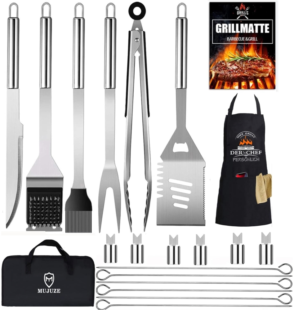 Grillbesteck Set 20 tlg Edelstahl Grill Geschenke Zubehör mit Schürze und Koffer Bild 1