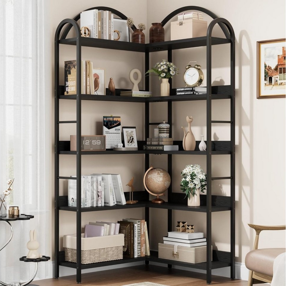 GarveeMore Bücherregal Gewölbtes,Eckbücherregal,L-förmiges Bücherregal,MDF, Eckregal für Wohnzimmer und Schlafzimmer,Kippsicheres Design Bild 1