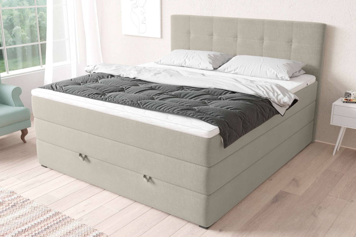 99rooms Madagaskar Boxspringbett Strukturstoff INARI Beige 160x200 cm Bonell-Federung Bild 1