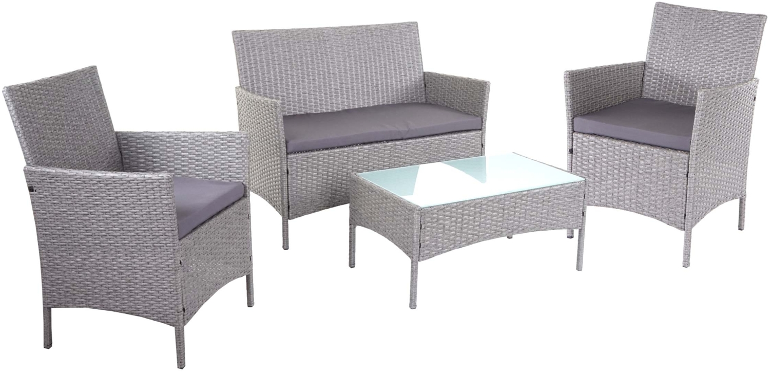 2-1-1 Poly-Rattan Garten-Garnitur Halden, Sitzgruppe Lounge-Set Sofa ~ grau, Kissen anthrazit Bild 1