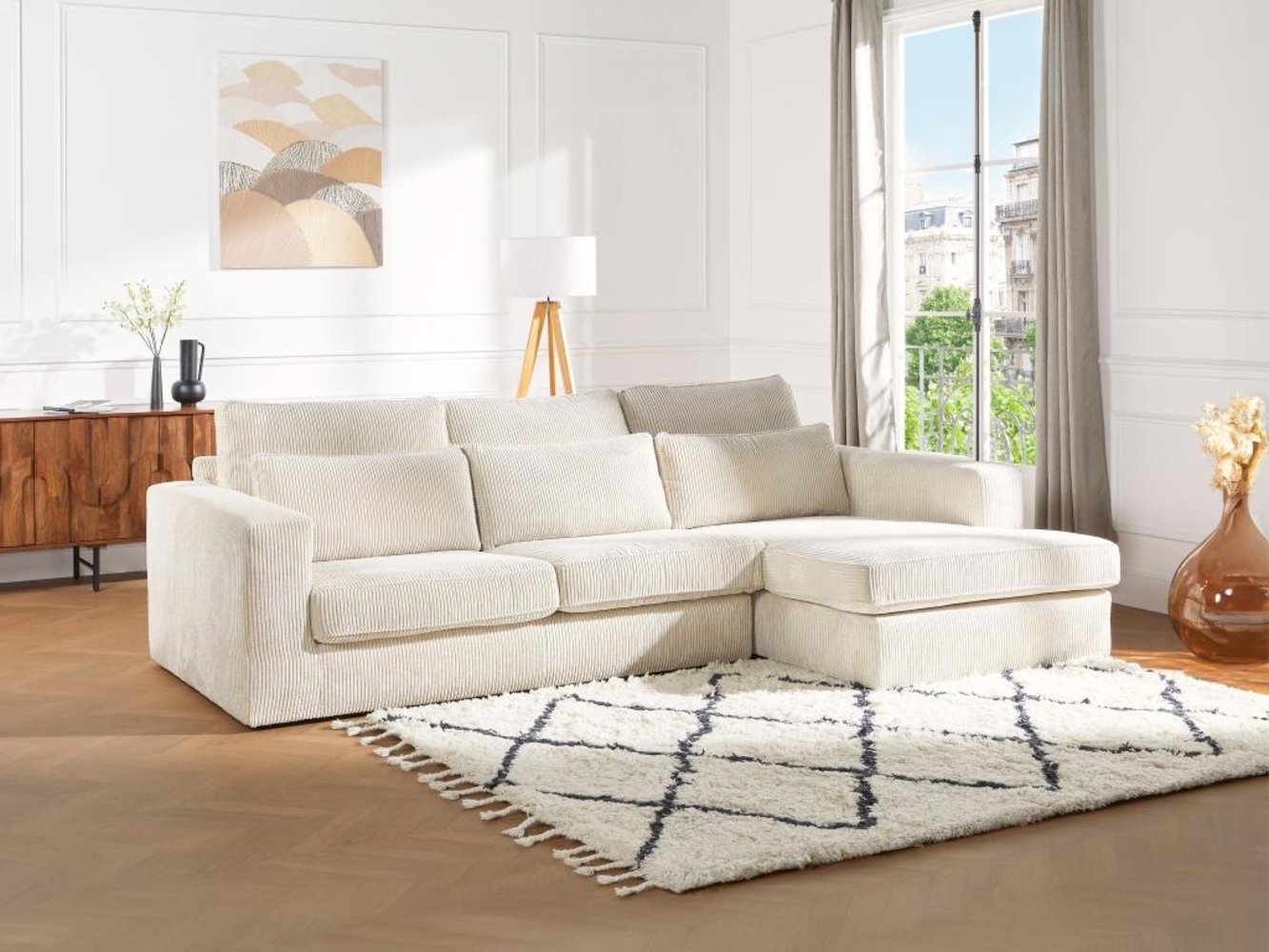 Vente-unique - Ecksofa - Ecke rechts - Cord - Beige - MONDOVI II Bild 1