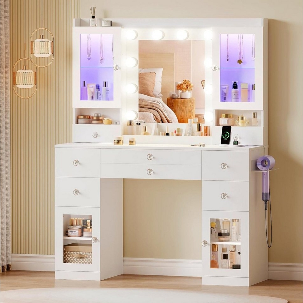 Dripex Schminktisch Großer Schminktisch mit Beleuchtung Steckdosen und Spiegel Bild 1