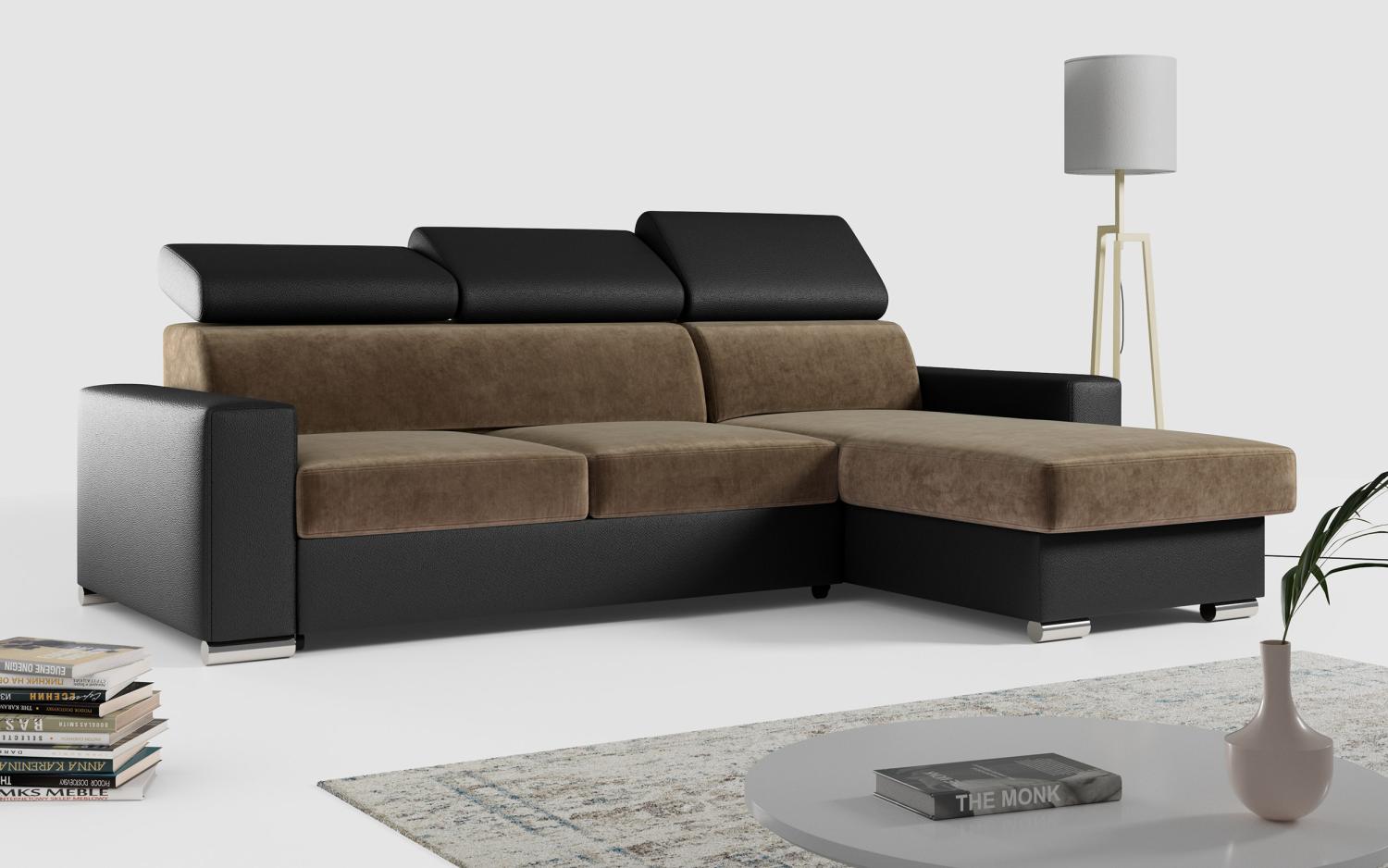 Ecksofa, Verstellbare Kopfstützen, L Couch, Polstersofa mit Bettkasten - FOX-L - Braun - Schwarz Bild 1