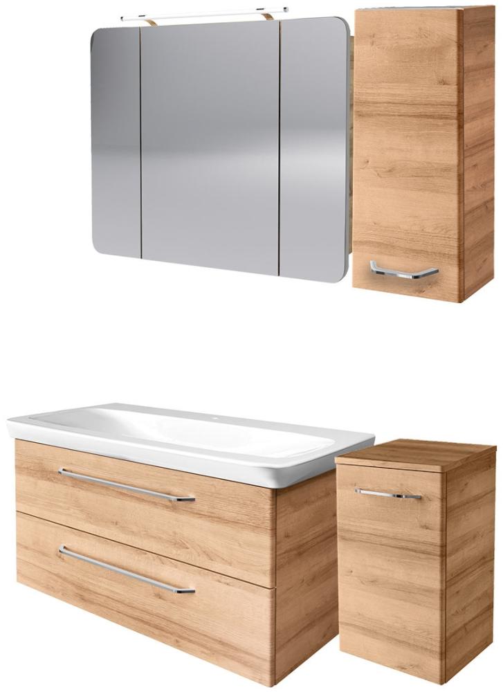 FACKELMANN MILANO Badmöbel Set 5-teilig, 107 cm breit, Braun hell, Waschbecken Keramik, Spiegelschrank + 2 Badschränke Bild 1