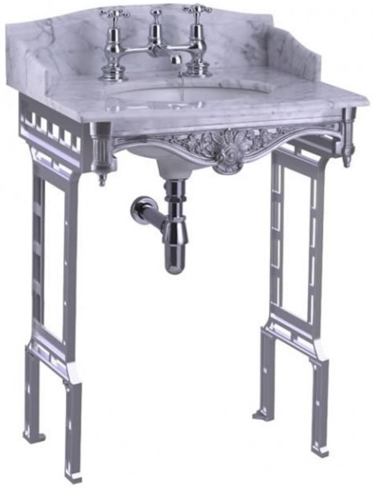 Casa Padrino Luxus Jugendstil Stand Waschtisch Weiß / Aluminium mit Marmorplatte mit Spritzschutz hinten, seitlich und Ablage Barock Waschbecken Barockstil Antik Stil Bild 1