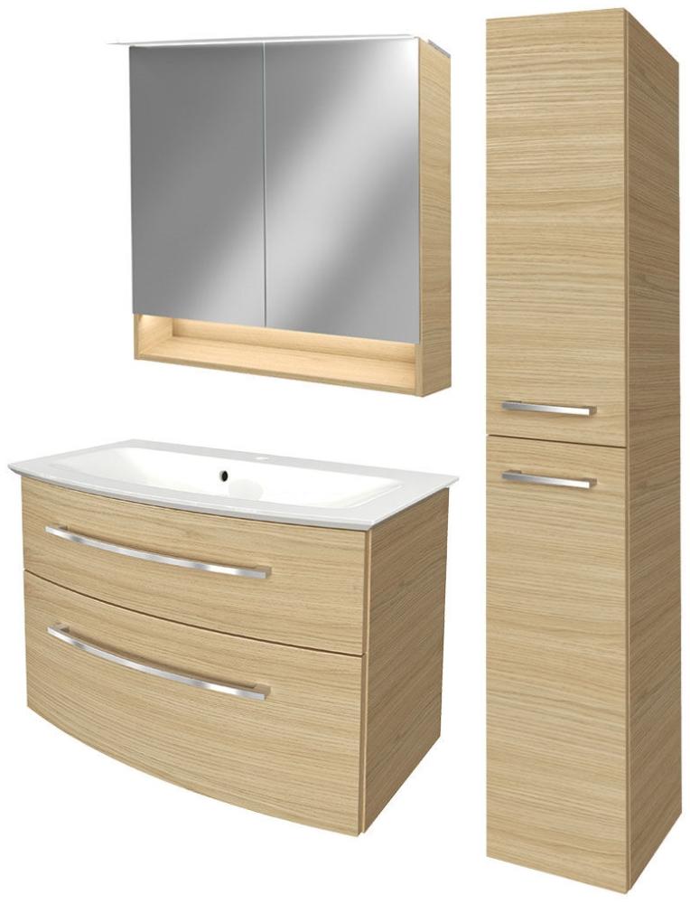 Fackelmann B.STYLE Badmöbel Set 4-teilig, 83 cm, Braun + LED-Spiegelschrank + Hochschrank rechts Bild 1