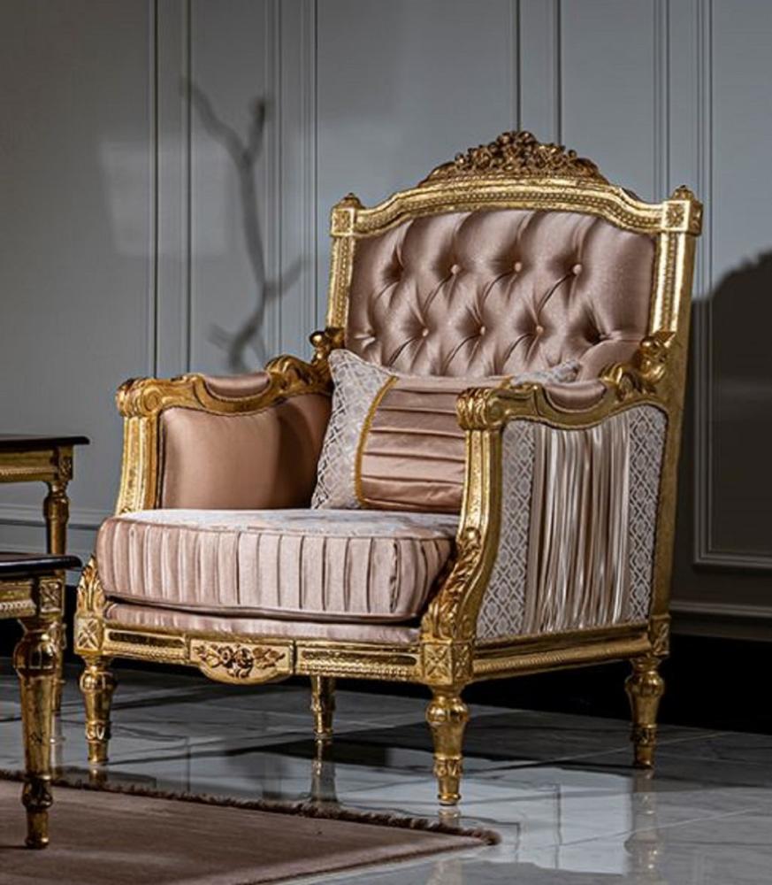 Casa Padrino Luxus Barock Sessel Rosa / Weiß / Gold - Handgefertigter Wohnzimmer Sessel mit dekorativem Kissen - Barock Möbel Bild 1