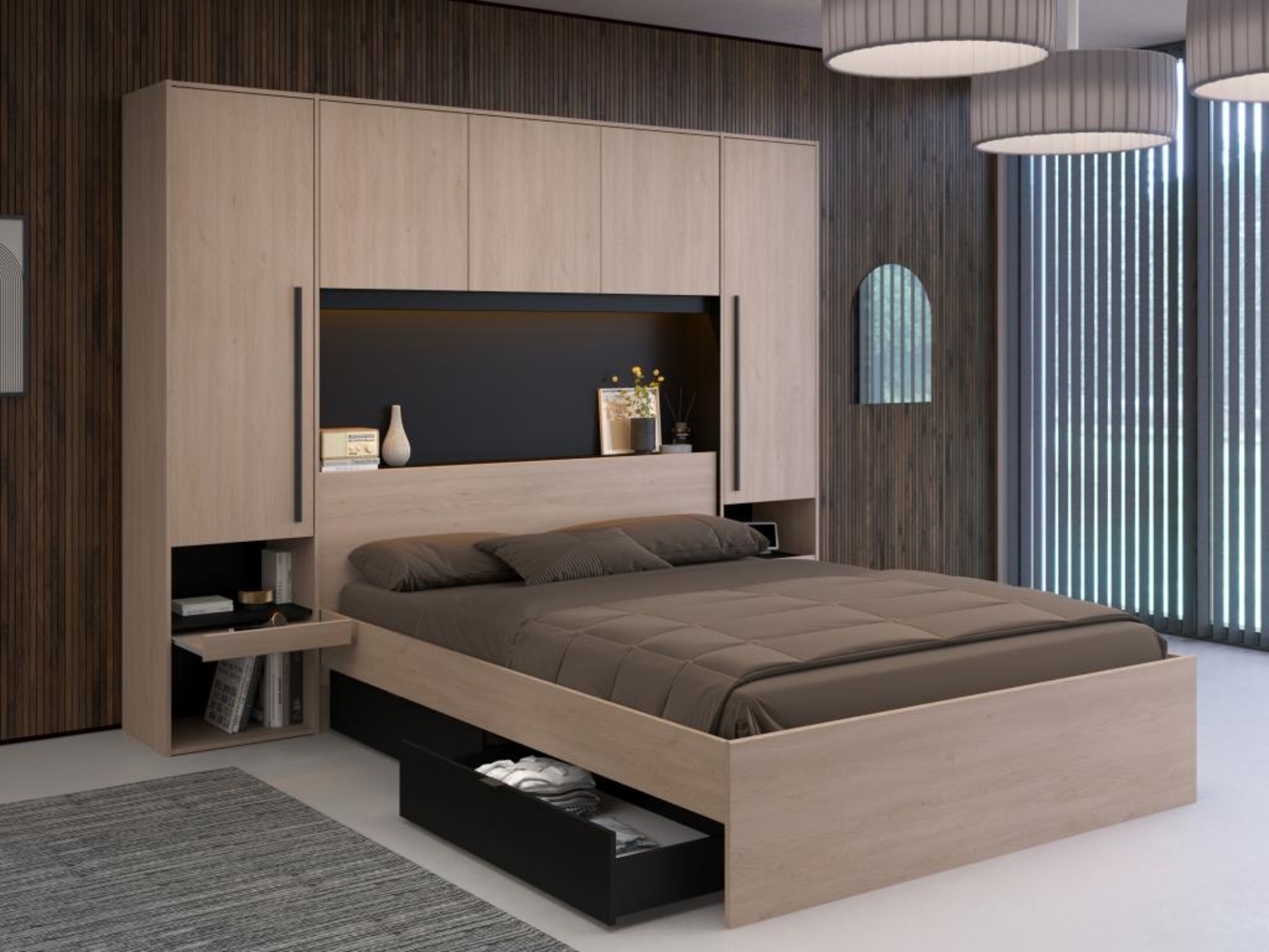 Vente-unique - Bett mit Bettüberbau, Stauraum & LEDs + Lattenrost - 160 x 200 cm - Naturfarben & Schwarz - VELONA Bild 1