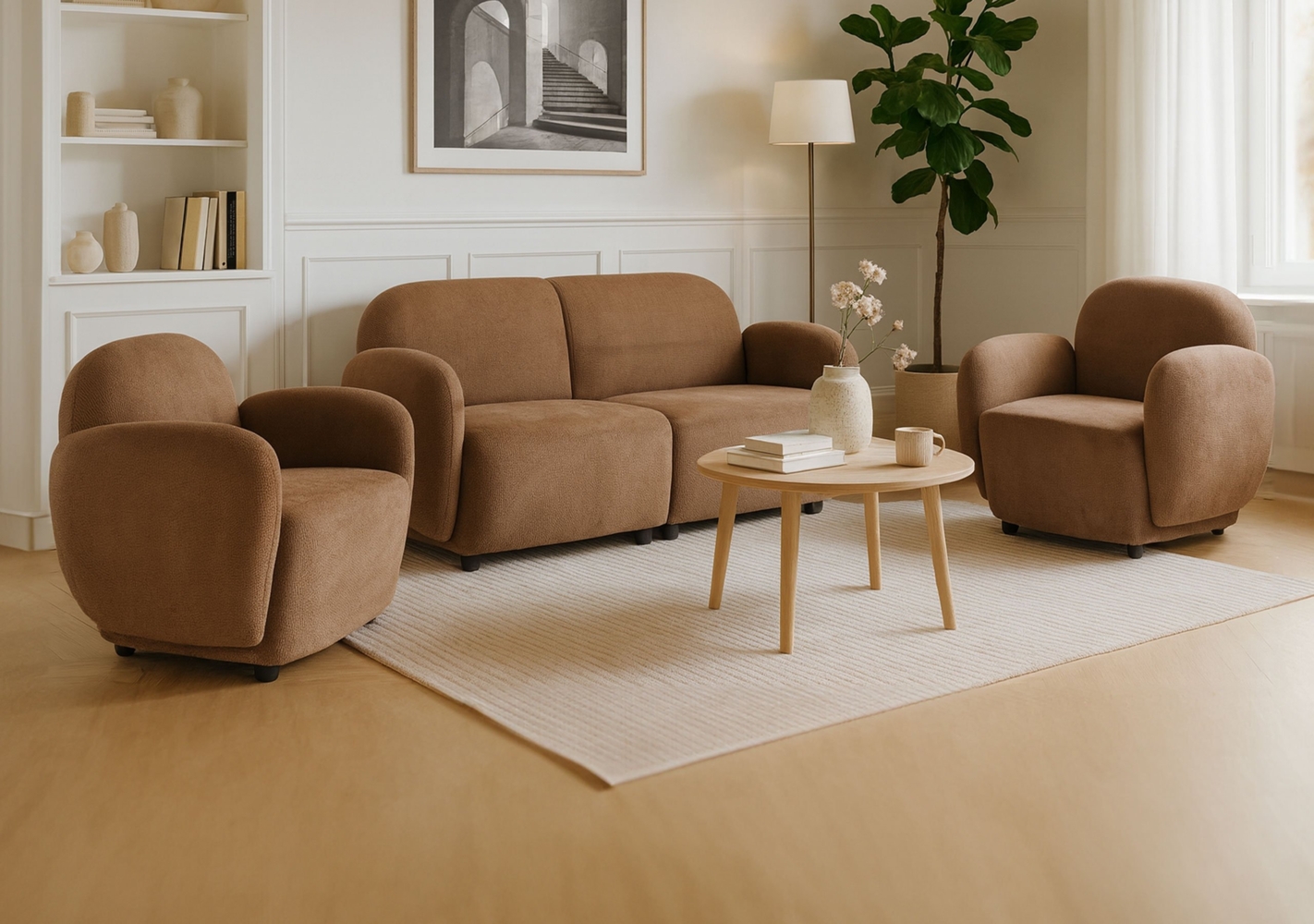 Wohnzimmer-Set HWC-P33, 2er-Sofa 2x Sessel, Stoff/Textil Chenille (330 g/m²) Öko-Tex ~ braun Bild 1