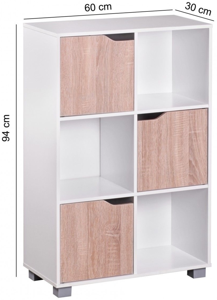 Design-Bücherregal 'Massa', modern, Holz, weiß/Sonoma-Eiche, mit Türen, geschlossen, Standregal, freistehend, 6 Fächer, 60 x 90 x 30 cm Bild 1