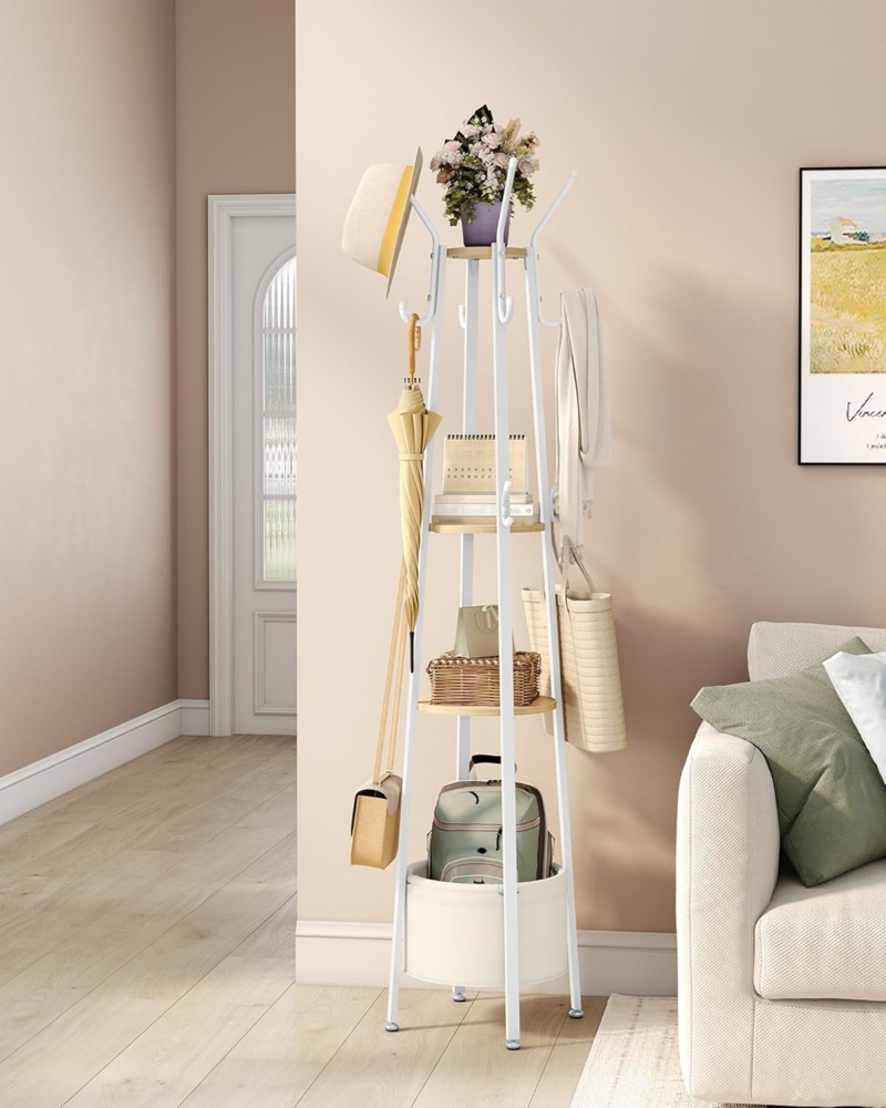 Garderobenständer, Kleiderständer mit Großer Aufbewahrungskorb, Garderobe mit 3 Ablagen, 16 Haken, für Eingangsbereich, Schlafzimmer, 182,5 cm Hoch, Goldeichenfarben-weiß Bild 1