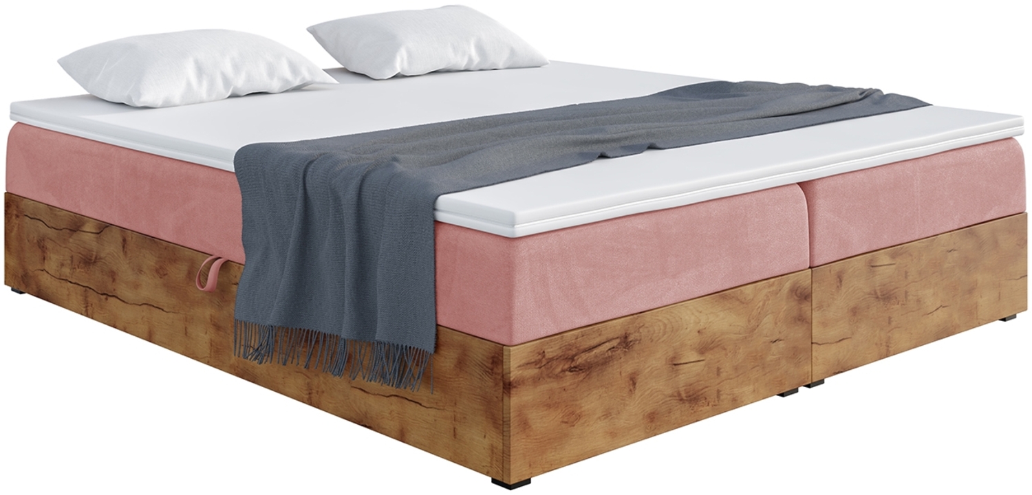 MEBLINI Boxspringbett LOFTY BOX 140x220 cm mit Bettkasten - H3/Rosa Samt Polsterbett - Doppelbett mit Topper & Taschenfederkern-Matratze Bild 1