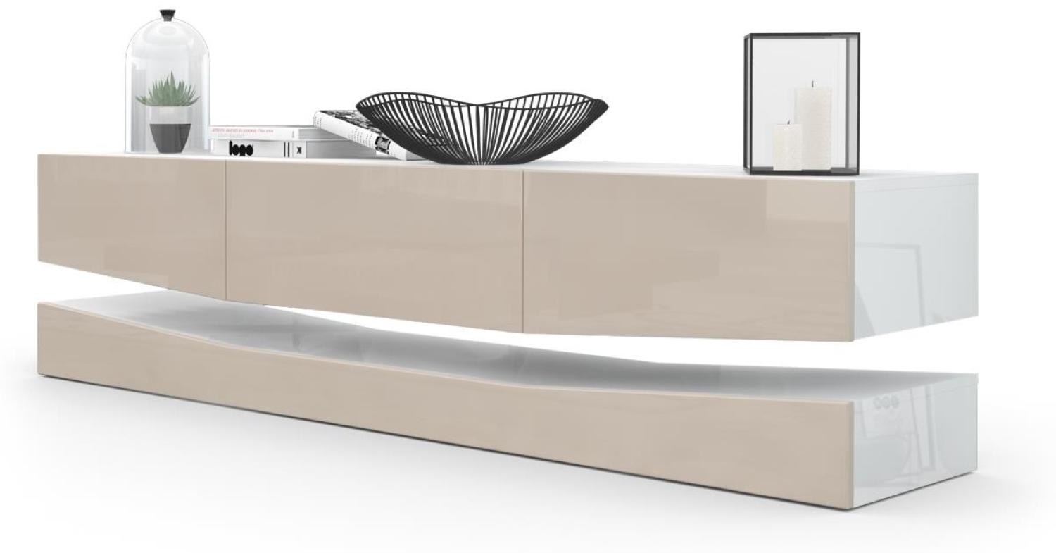 Vladon Lowboard City, TV-Kommode mit Sockelelement, 1 offenem Fach und 3 Schubkästen, Weiß Hochglanz/Sandgrau Hochglanz (178 x variabel x 39 cm) Bild 1