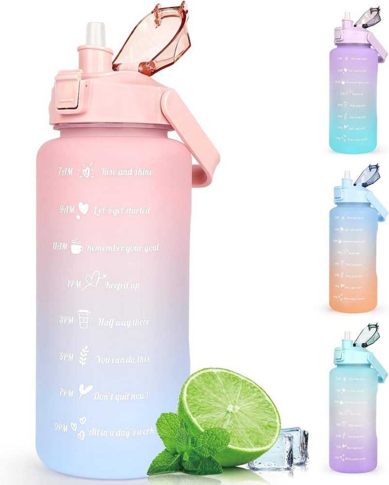 Motivations Trinkflasche 2L Auslaufsicher Strohhalm Zeitmarkierung Lila/Rosa Bild 1