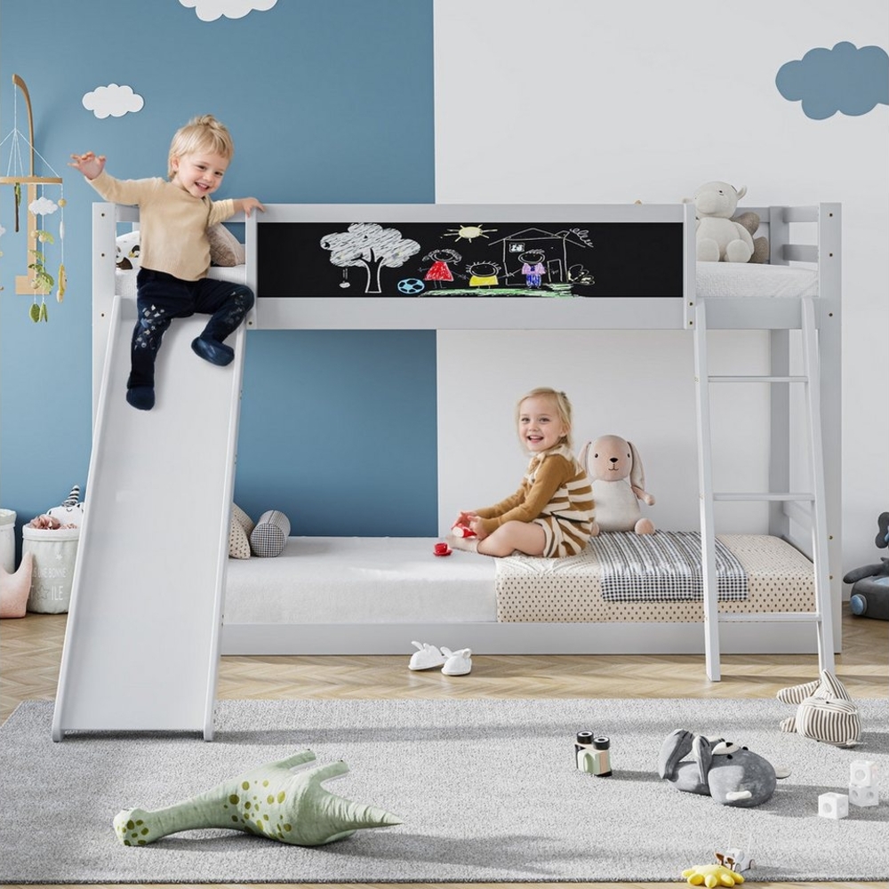 AUKWIK Kinderbett 90x200 cm Komplettbett Kinderbetten, Zwei Optionen (2 Betten-Hochbett, Treppe und Rutschen, Bett mit Zaun, Kommode/Stauraum, Kreidetafel, Massivholzrahmen), Kinderzimmer/Jugendzimmer /Schlafzimmer/Gästezimmer Bild 1