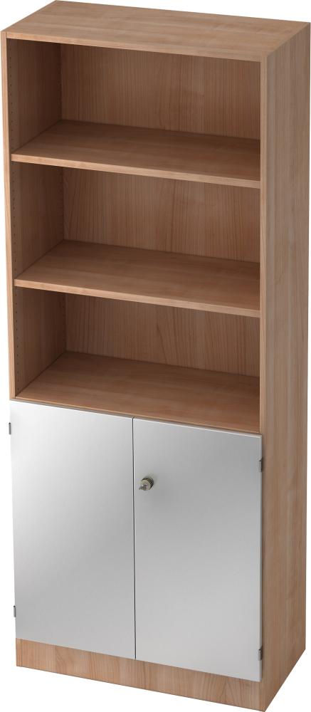 bümö office Regal-Aktenschrank abschließbar, Büroschrank groß aus FSC-Holz, 80cm breit in Nussbaum/Silber - abschließbarer Schrank, Büroschrank abschließbar, Büro Möbel Schrank System, 6770-N-S-SG Bild 1