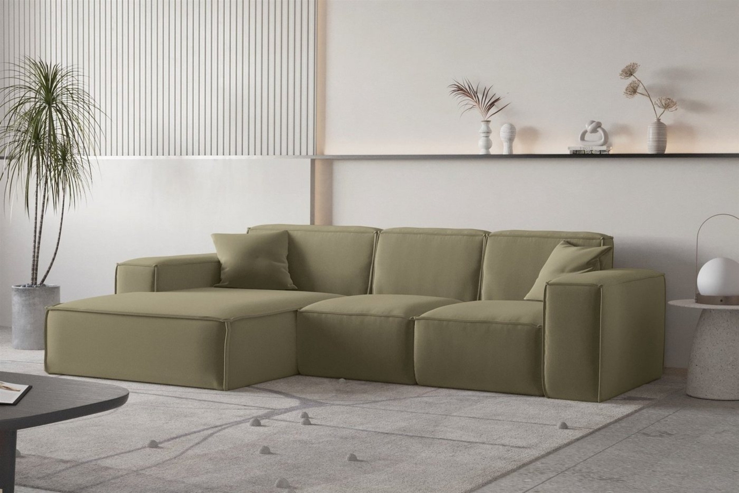 Ecksofa Designersofa CELES PREMIUM Stoff Opera Velvet Olivgrün Ottomane Links Bild 1